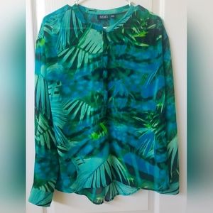 a.n.a. Sheer Blue/Green Tropical Print Blouse, Size PXL